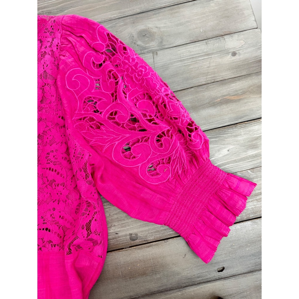 Sundance Garbo Pink Lace Patchwork Blouse Fuchsia Eyelet Button Front Top Large - Picture 4 of 8